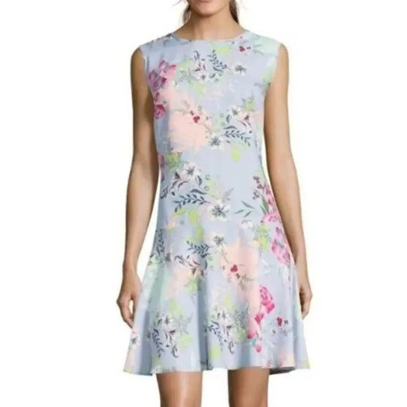 Nicole Miller Light Blue Floral Sleeveless Swing Drop Waist Dress Size 6 - Picture 6 of 12